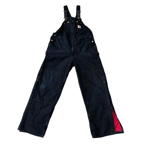 Carhartt Black Insulated Legs Double Knee Bib Overalls 42 X 32 Lined Coveralls - Picture 1 of 7